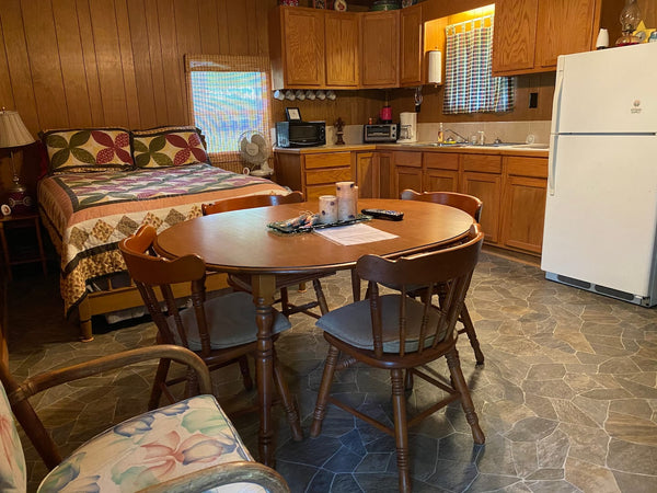 Open studio layout with bed, dining table, and kitchenette